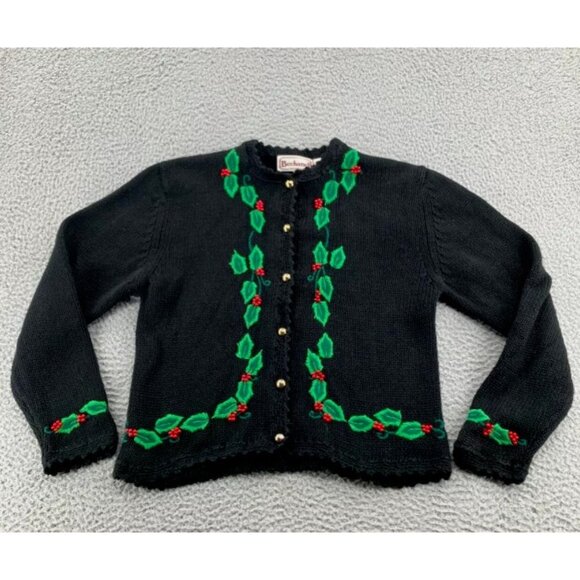 Vintage Bechamel Sweater Womens Sz L Christmas Cardigan Black green red long slv - Picture 2 of 15